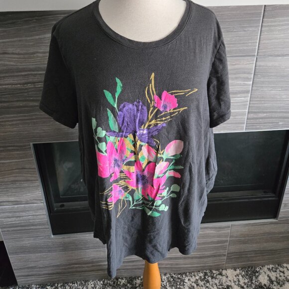 Old Navy Everywear XXL Floral Graphic T-Shirt Charcoal Pink Purple Tee - Picture 1 of 2